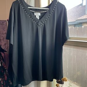 Carmen Marc Valvo black vneck beaded top